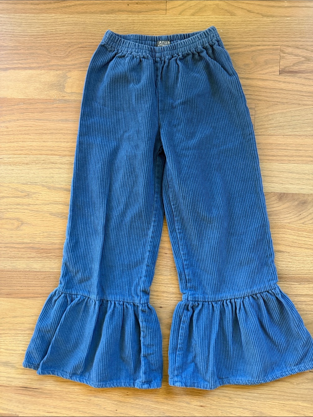 A.T.U.N. Girls Blue Corduroy Bell Bottom Flare Pants Ruffle Hem 8-9y